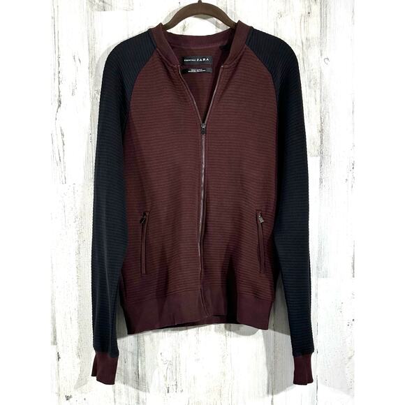 Essentials Zara Daily Outfit Zip Up Raglan Ribbed Jacket Medium Burgundy Black - Picture 1 of 9